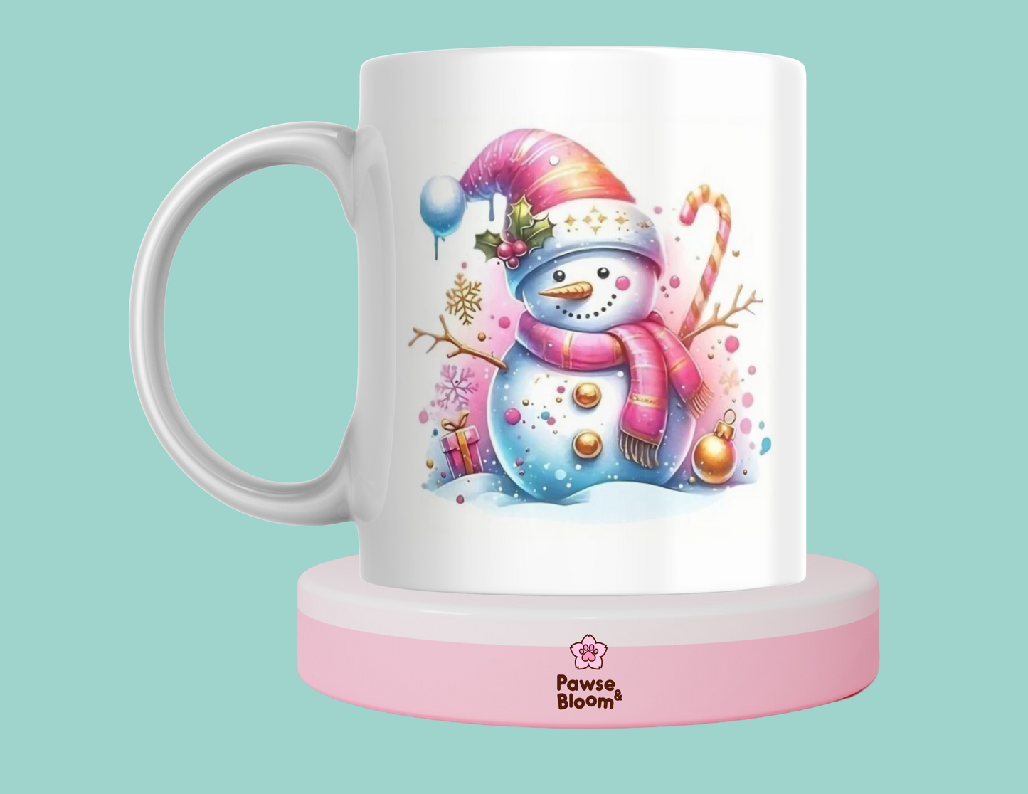 Pink and gold snowman mug